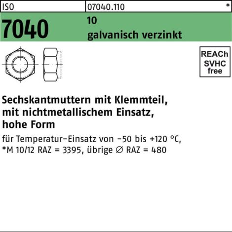 Selbstsichernde Sechskantmutter ISO 7040 M 12 x 1,75 Stahl galvanisch verzinkt 100 Stk