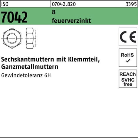 Selbstsichernde Sechskantmutter ISO 7042 M 16 x 2 Stahl feuerverzinkt Gewindetoleranz 6H 100 Stk