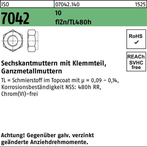 Selbstsichernde Sechskantmutter ISO 7042 M 16 x 2 Stahl zinklamellenbeschichtet 50 Stk