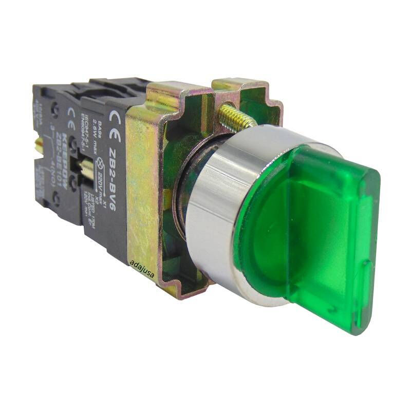 

Selector luminoso verde 3 posiciones metalico completo 2 contactos 1NA+1NC