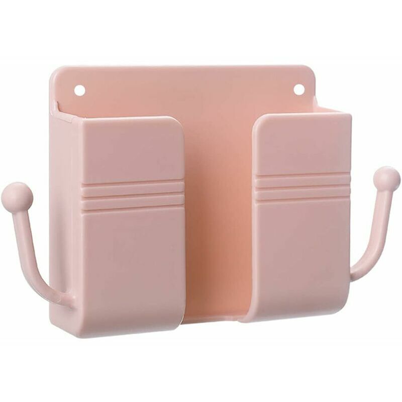 Self-adhesive Remote Control Storage Box, Wall-Mounted Mobile Phone Holder, Wall-Mounted Organizer Box with Hook for Mobile Phone Charging (Pink)