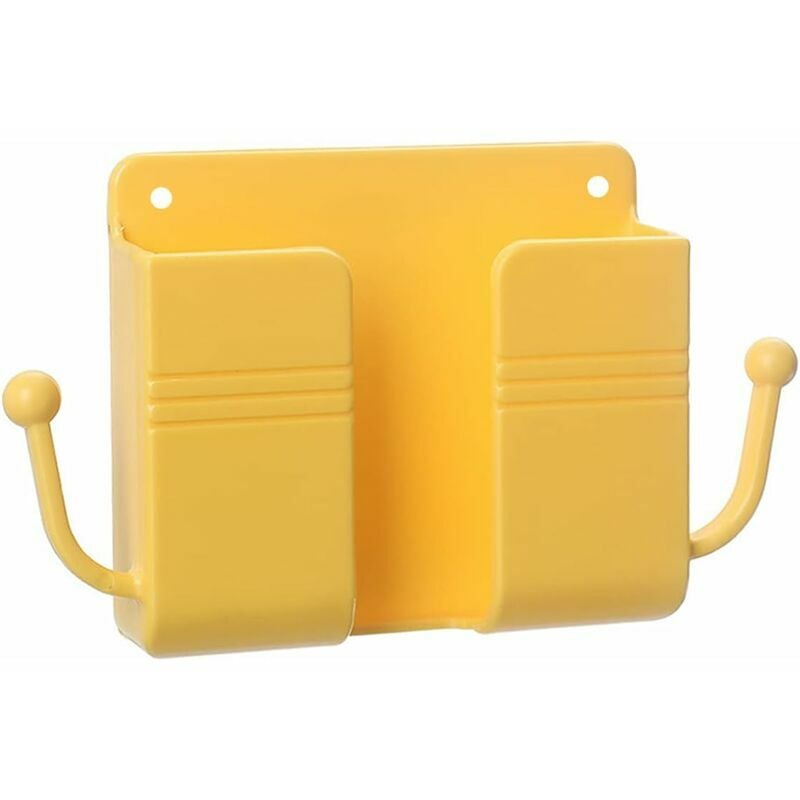 Self-adhesive Remote Control Storage Box, Wall-Mounted Mobile Phone Holder, Wall-Mounted Organizer Box with Hook for Mobile Phone Charging (Yellow)