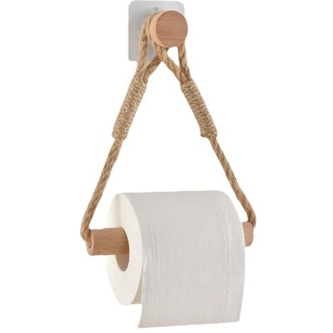 Self Adhesive Toilet Roll Holder, Bathroom Paper Holder Toilet Towel Roll Holder Wooden Rope Rustic Towel Ring