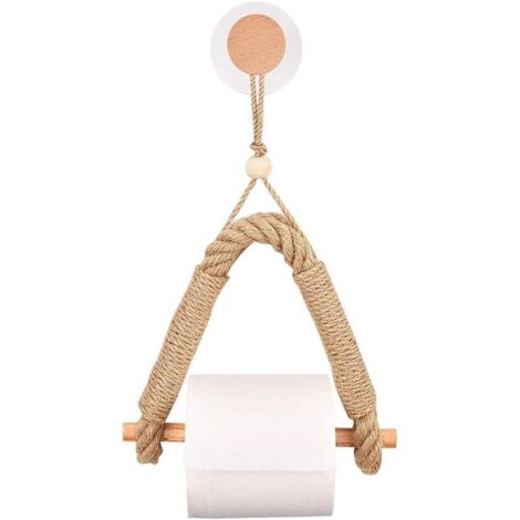 Self-Adhesive Toilet Roll Holder, Wood Roll Holder, Hemp Rope Paper Towel Holder, Wall-Mounted Tissue Holder, Retro Punch-Free Hemp Rope Toilet Paper Holder for Bathroom and Kitchen