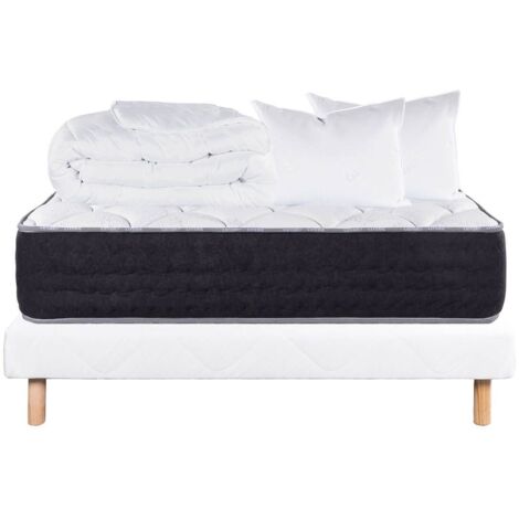 SELIAN - Pack Matelas + Sommier Tapissier Blanc 140x190 cm + 2 Oreillers + 1 Couette