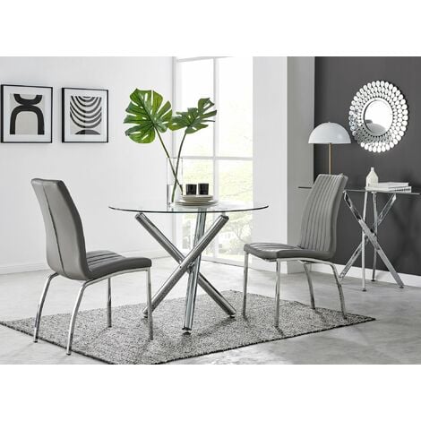Selina Round Glass Chrome Leg Dining Table and 2 Isco Chairs