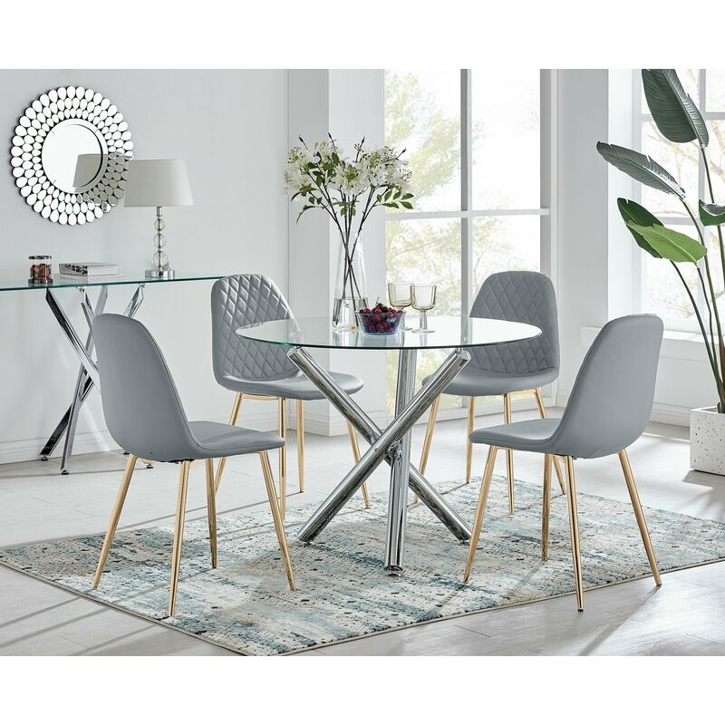 Selina Round Dining Table and 4 Grey Corona Gold Leg Chairs - Elephant Grey