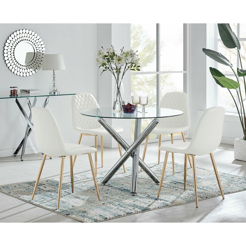Selina Round Dining Table and 4 White Corona Gold Leg Chairs - White