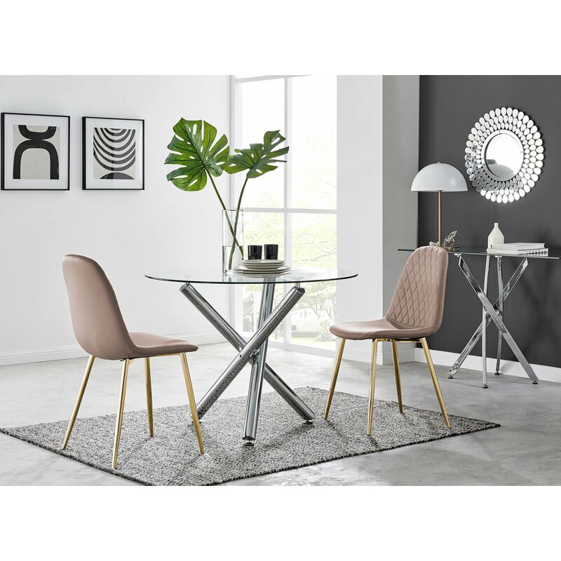 Selina Round Dining Table and 2 Cappuccino Corona Faux Leather Dining Chairs with Gold Legs Diamond Stitch - Cappuccino