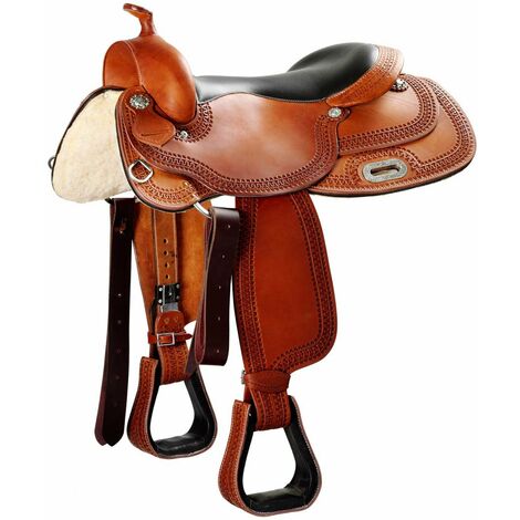 Sella western Natowa da reiner nr 2219 con seggio imbottito rivestito in pelle liscia, disegno border stamp: 16", Marrone(05)