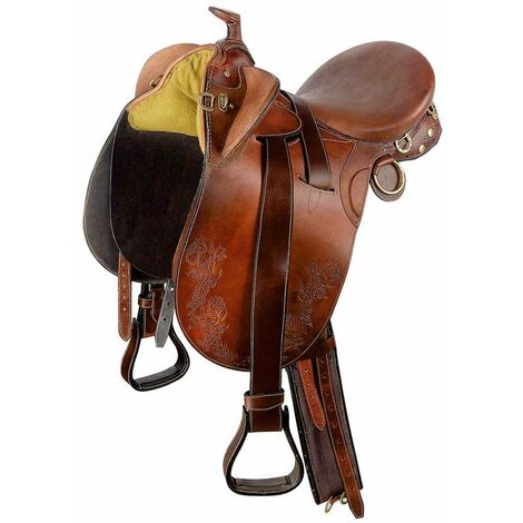 Selle australienne avec pommeau en cuir lisse, complète avec étriers, sassinga et sangle Sartore