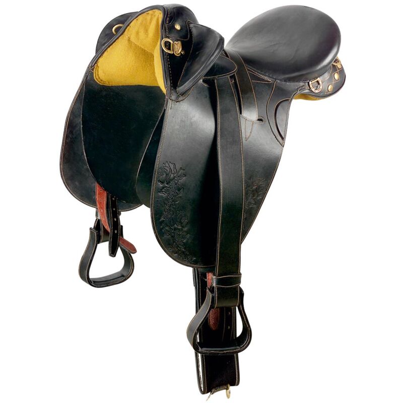 18', nero: Selle australienne en cuir lisse avec étriers, étriers, sassinga et sangle