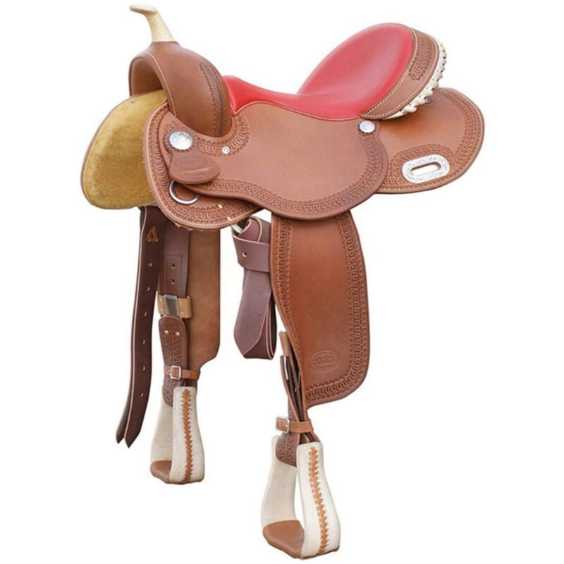 Pool's - 16', Cognac: Selle western modèle Barrel Color avec siège en cuir rouge 5020