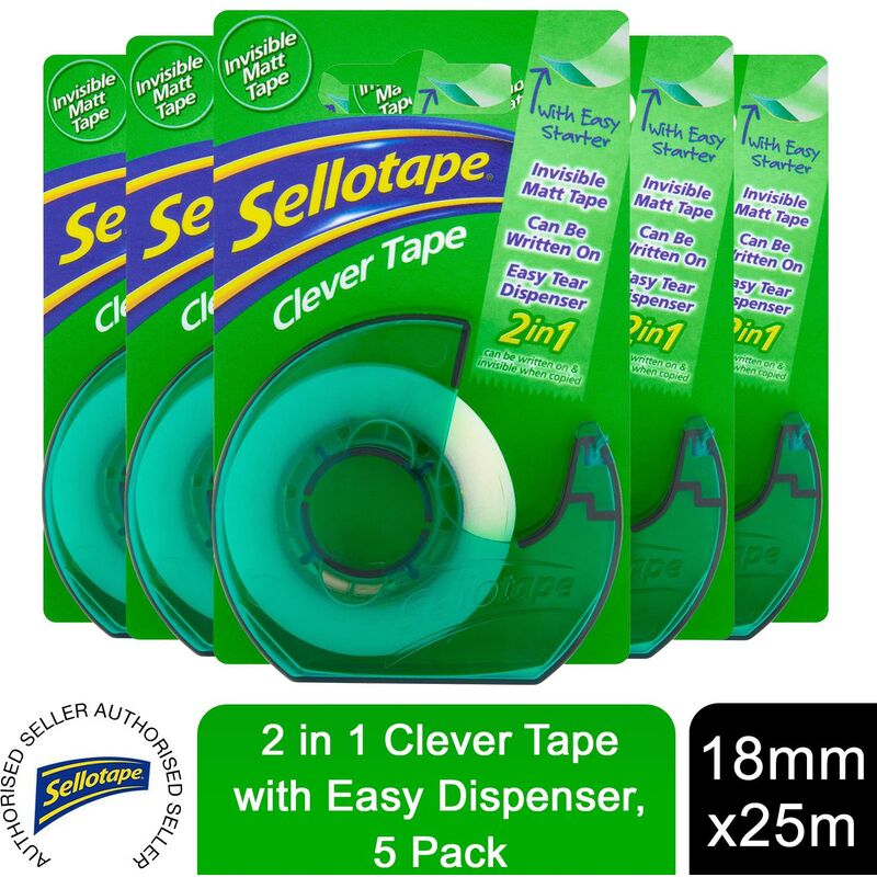 Sellotape - Invisible Matt Tape & Clever Tape Dispenser 18mmx25m, 5pk