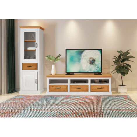 SelmaVitrine avec 1 porte + 1 porte + 1 tiroir en pin teinté blanc