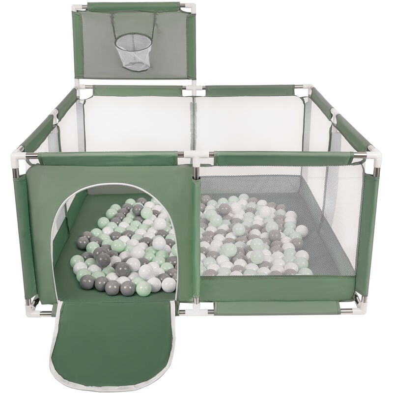 Selonis Parc Bébé Avec 100 Balles Plastiques Aire De Jeu Pliable Basket, Vert : Blanc/Gris/Menthe - vert : blanc/gris/menthe
