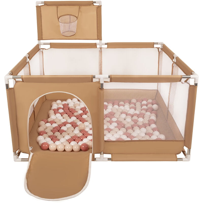 Selonis - Parc Bébé Avec 100 Balles Plastiques Aire De Jeu Pliable Basket, Beige : Beige Pastel/Saumon/Blanc - beige : beige pastel/saumon/blanc