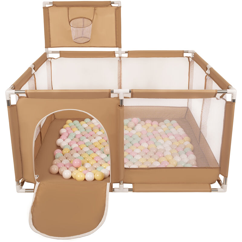 Selonis - Parc Bébé Avec 100 Balles Plastiques Aire De Jeu Pliable Basket, Beige : Beige Pastel/Jaune Pastel/Blanc/Menthe/Rose Poudré - beige : beige
