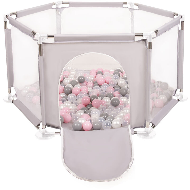 Selonis Parc Bébé Hexagonal Pliable Avec 100 Balles Plastiques, Gris:Perle/Gris/Transparent/Rose Poudré - Gris:perle/gris/transparent/rose poudré