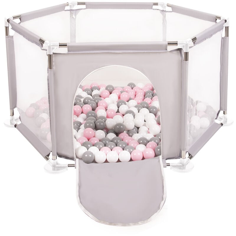 Parc Bébé Hexagonal Pliable Avec 200 Balles Plastiques, Gris:Blanc/Gris/Rose Poudré - Gris:blanc/gris/rose poudré - Selonis