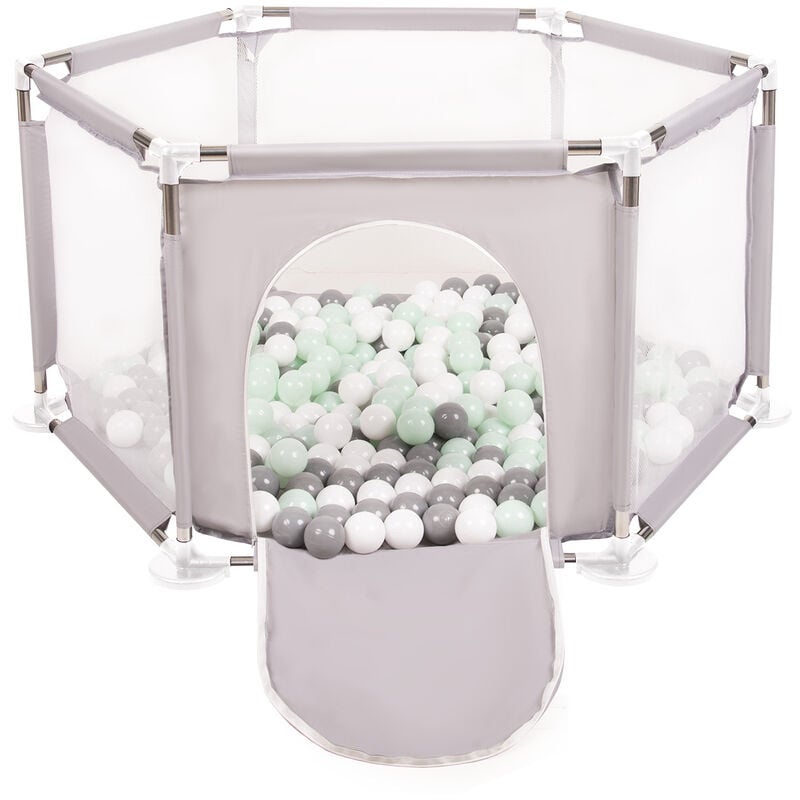 Parc Bébé Hexagonal Pliable Avec 200 Balles Plastiques, Gris:Blanc/Gris/Mentha - Gris:blanc/gris/mentha - Selonis