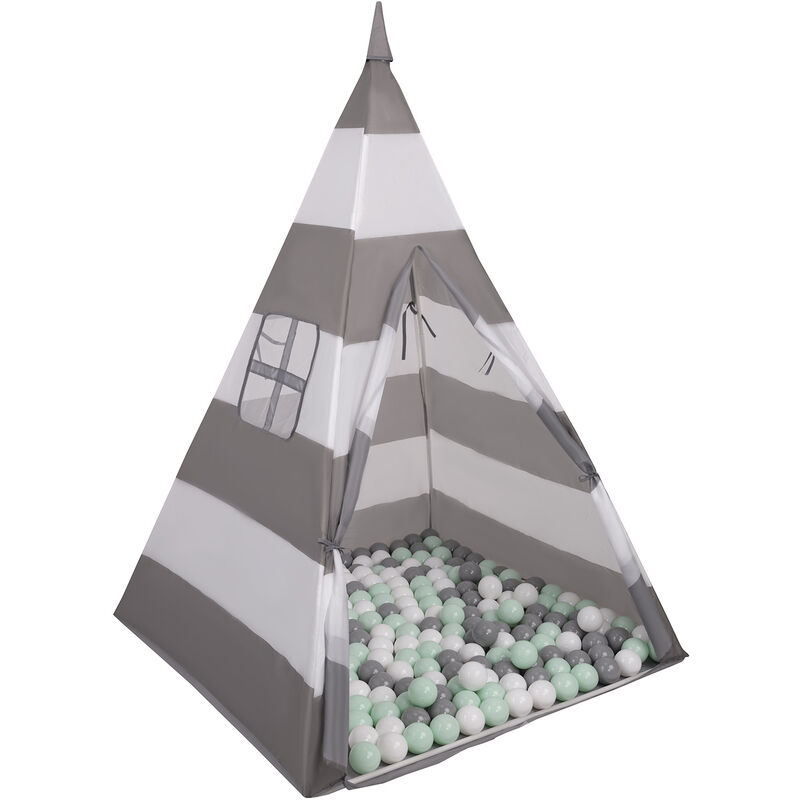 Tipi Tente De Jeu Avec 100 Balles 6Cm Maison De Jeu Pour Enfants, Grises Et Blanches Rayures: Blanc/Gris/Menthe - grises et blanches rayures: