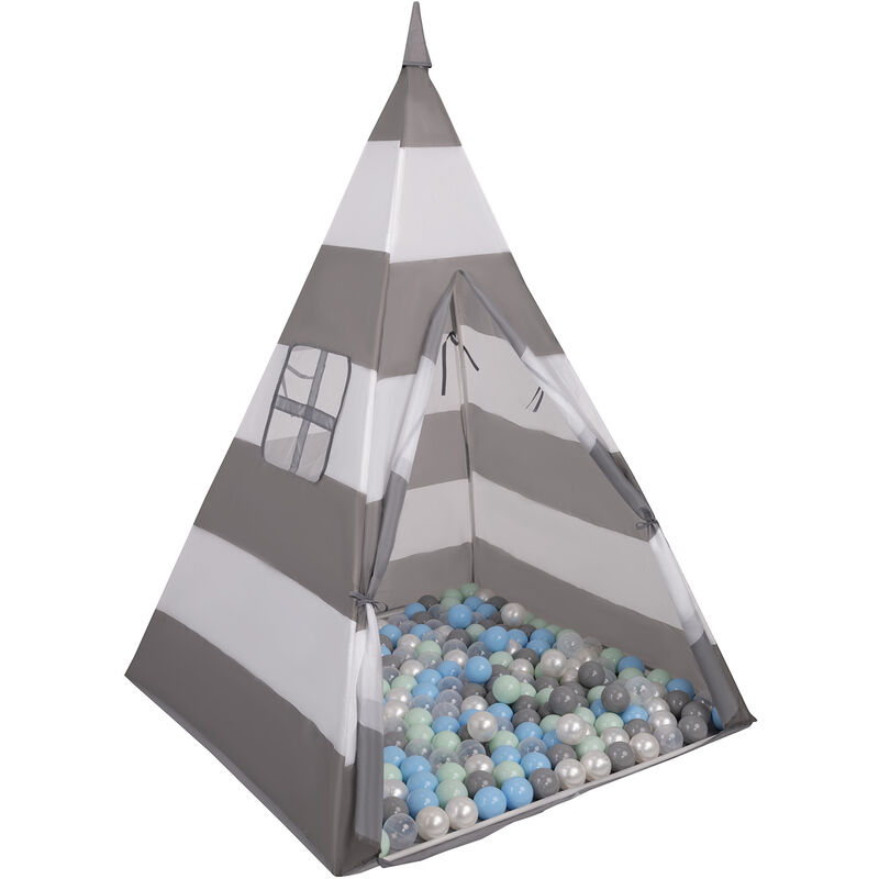 Tipi Tente De Jeu Avec 100 Balles 6Cm Maison De Jeu Pour Enfants, Gris-Blanc Rayures:Perle/Gris/Transp/Bblue/Menthe - gris-blanc