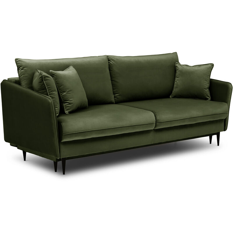 Selsey 3-sitzer Schlafsofa Schlafcouch Volio Bettkasten Olivgrün Hydrophober Samt Mit Schwarzen Beinen