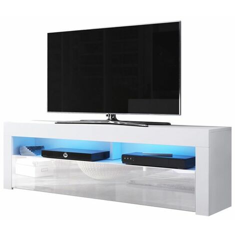 Selsey Alan Meuble TV/Meuble de Salon 140 cm, Blanc Mat/Blanc Brillant, avec LED Bleu