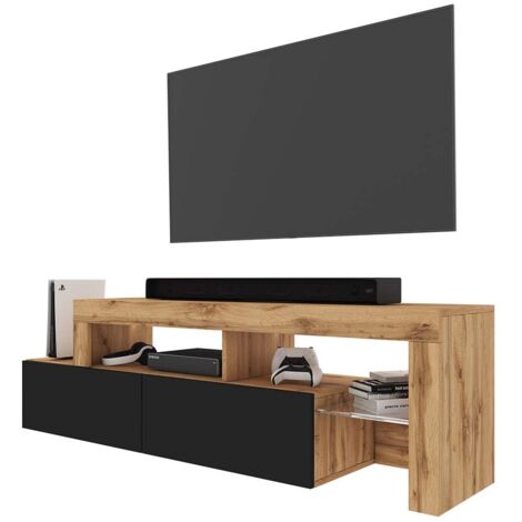 Selsey ASTEN - TV-Möbel TV-Element im asymmetrischen Design -  172 cm breit - Wotan Eiche / Schwarz mit LED