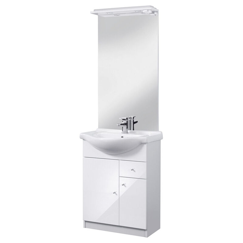 Selsey - BELGOS - Badmöbel-Set mit Hochglanzfronten, Unterschrank, Waschbecken, Spiegel und LED, Breite 65 cm