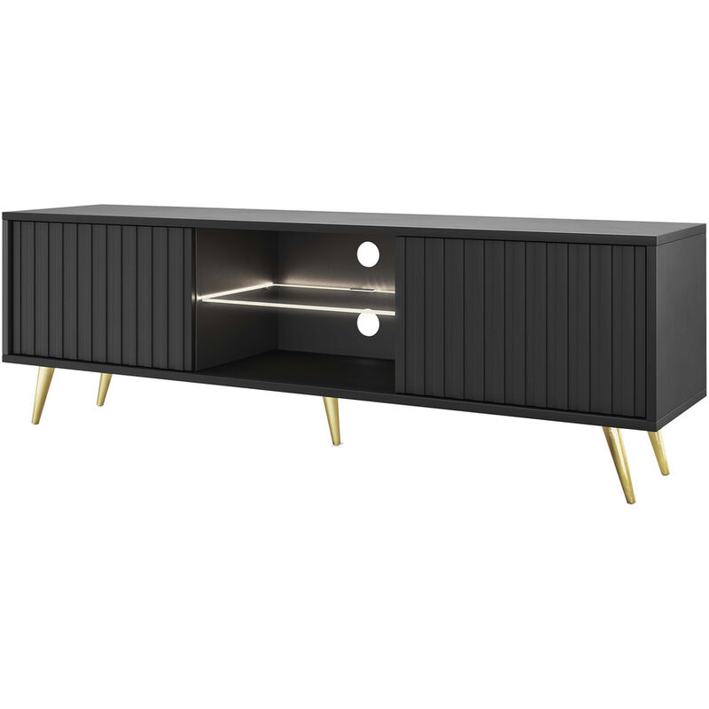 Selsey Bello - Meuble TV avec façades à lamelles - 135 cm - noir avec pieds dorés