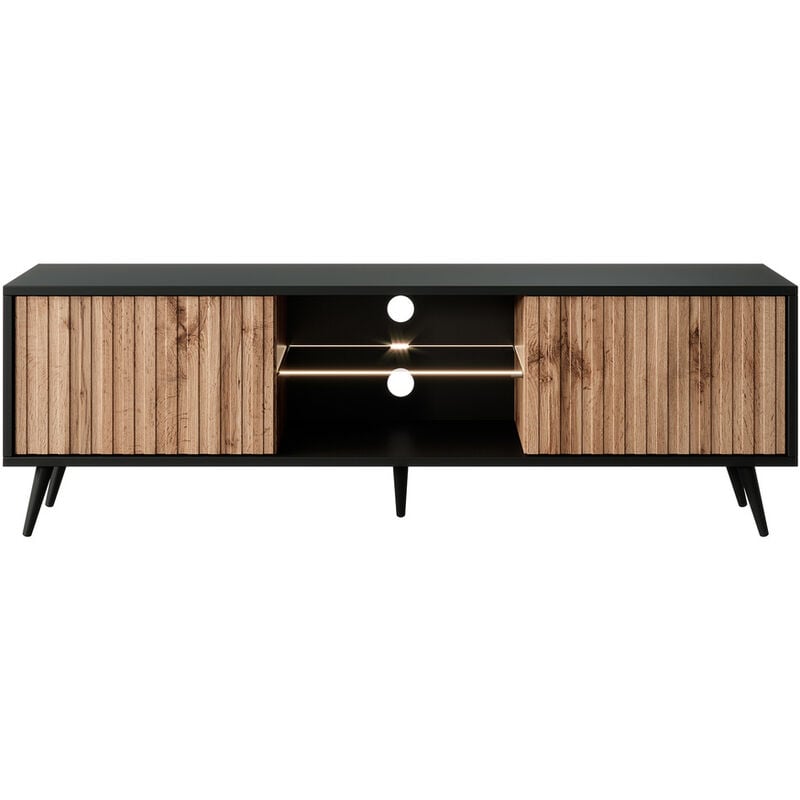 Selsey - Bello - Meuble tv avec façades à lamelles - 135 cm - noir / chêne wotan avec led