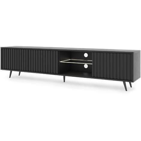 Selsey Bello - Mueble de TV - negro con frentes de listones y patas de metal negro - LED - 175 cm