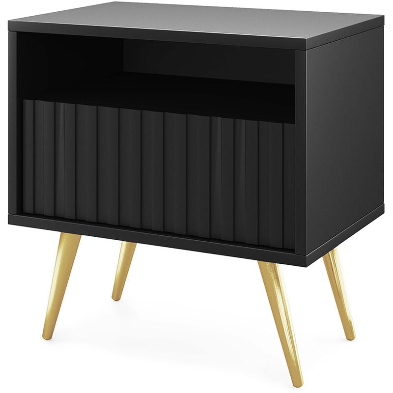 Selsey - Bello - Table de chevet avec un tiroir - façade à lamelles - noir avec pieds dorés