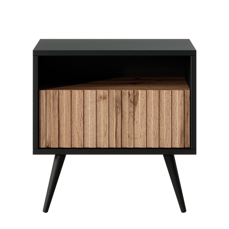 Selsey - Bello - Table de chevet avec un tiroir - façade à lamelles - noir / chêne wotan