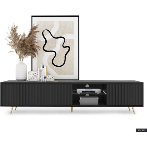Selsey Bello - TV-Lowboard stehend in Schwarz mit LED-Beleuchtung, Lamellenfront, 175 cm