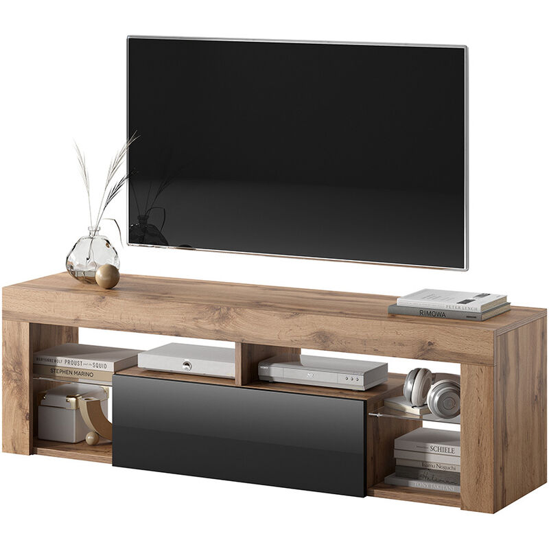 Selsey - bianko - Meuble tv / Banc tv (chêne lancaster / noir brillant, 140 cm, sans led)