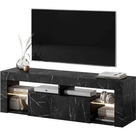 Selsey BIANKO - Meuble TV / Banc TV (140 cm, marbre noir, éclairage LED)