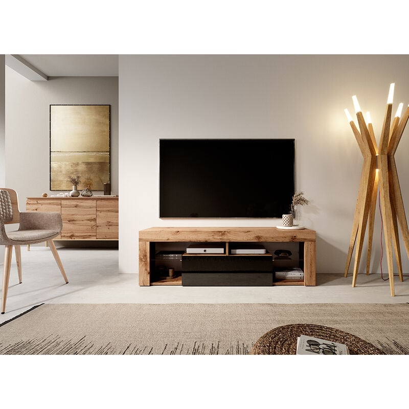 Selsey Bianko Meuble Tv Banc Tv Chene Lancaster Noir Brillant 140 Cm Sans Led Mm5903025217659