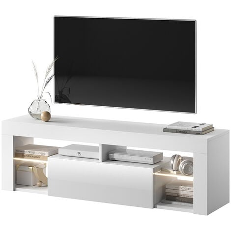 Selsey BIANKO - Mobile TV Moderno / Tavolino TV / Porta TV Elegante con Ripiani in Vetro 140 cm (Bianco Opaco / Bianco Lucido, con LED)