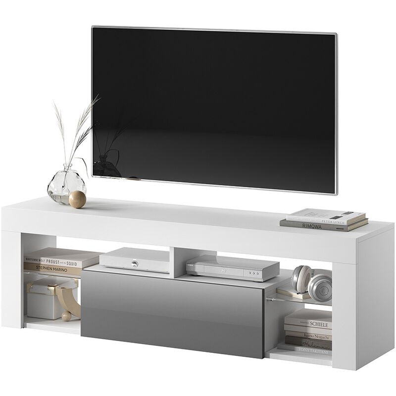 Selsey BIANKO - Mobile TV Moderno / Tavolino TV / Porta TV Elegante con Ripiani in Vetro 140 cm (Bianco Opaco / Grigio Lucido, senza LED)