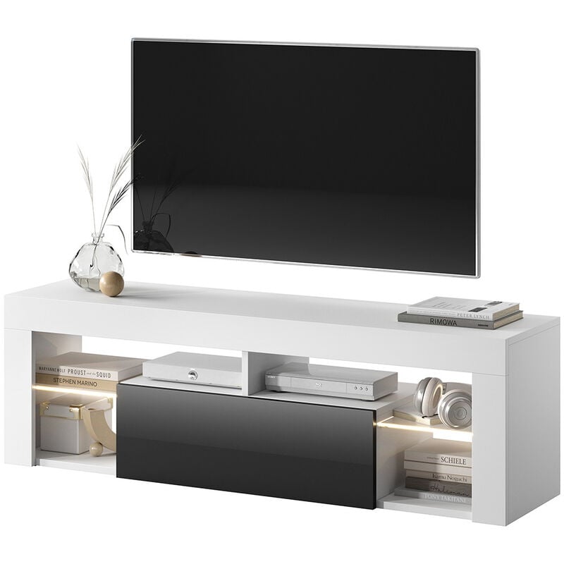 

Bianko - Mueble TV - para la sala de estar - ancho 140 cm - blanco mate / negro brillo - con iluminación LED - moderno - Selsey