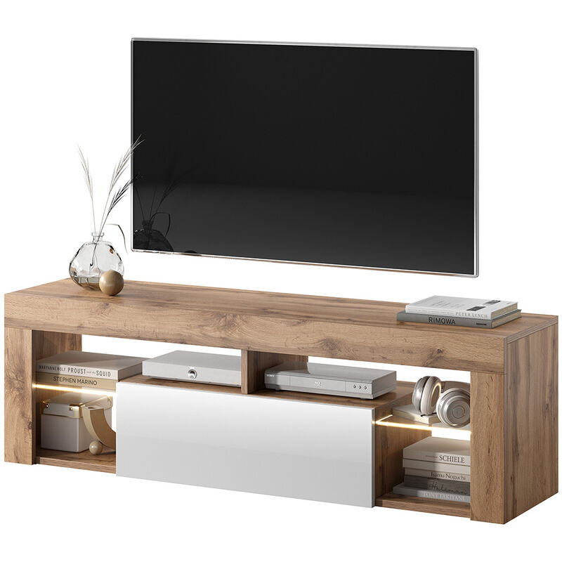 Selsey - Bianko - Tv-lowboard Stehend In Lancaster Eiche/weiß Hochglanz Mit Klappe Und Led-beleuchtung, 140 Cm