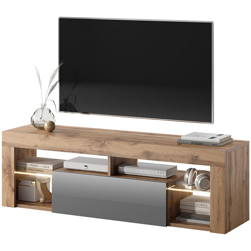 Selsey - Bianko - Tv-lowboard Stehend In Lancaster Eiche/grau Hochglanz Mit Klappe Und Led-beleuchtung, 140 Cm