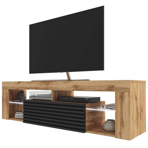 Selsey BIANKO - TV-Lowboard - TV-Schrank mit 3D-Front in Matt und Glasböden, hängend oder stehend, 140 cm breit (Wotan Eiche / Schwarz, mit LED)