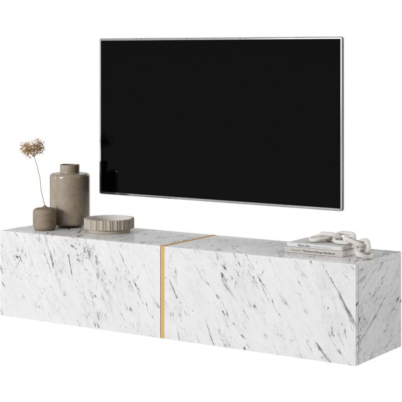 Selsey - Bisira Meuble tv Blanc imitation marbre Egger avec insert doré, 140 cm