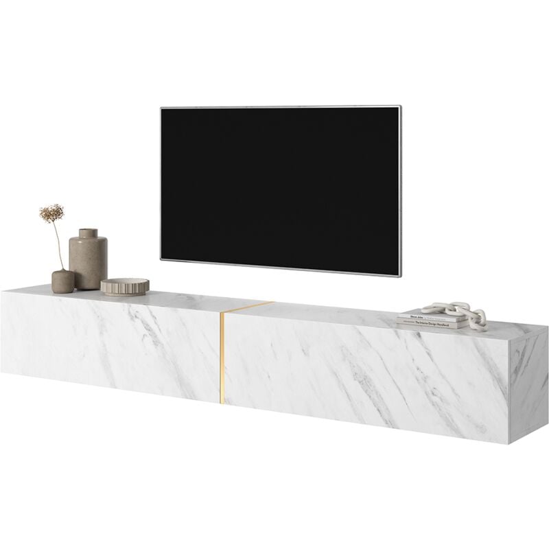 Selsey - Bisira Meuble tv Blanc imitation marbre avec insert doré, 200 cm
