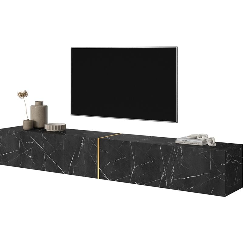 Selsey - Bisira Meuble tv noir imitation marbre avec insert doré, 200 cm