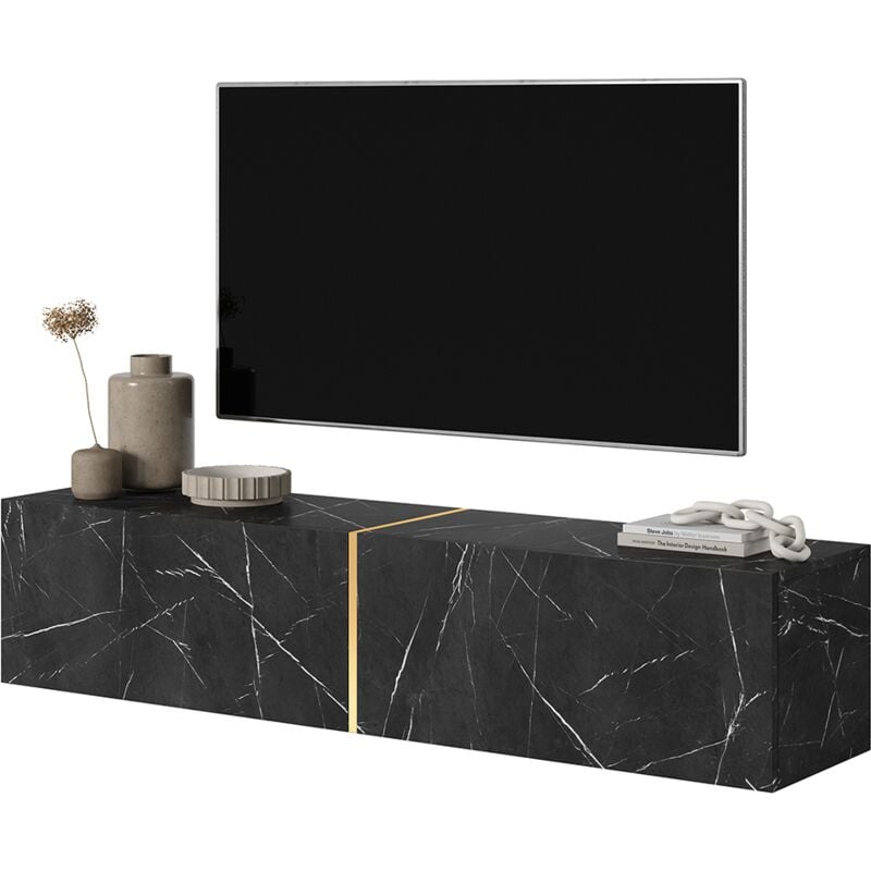 Selsey - Bisira Meuble tv noir imitation marbre avec insert doré, 140 cm